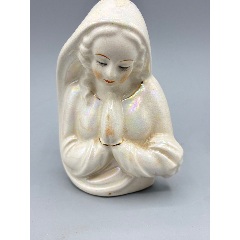 Vintage Iridescent Virgin Mary Planter Ceramic Praying Madonna Figurine